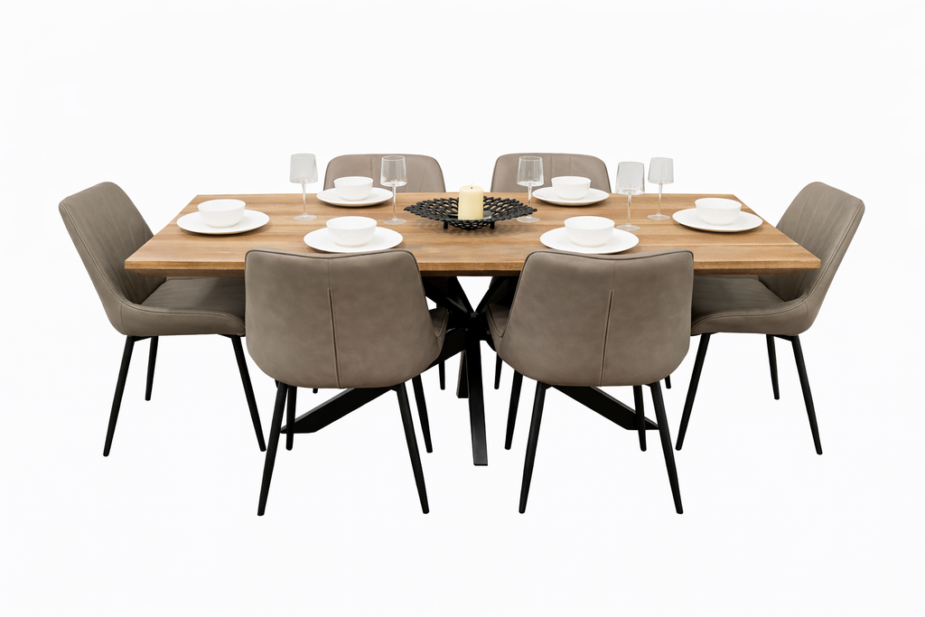 Epsom Rustic Oak 1.6m + 6 Tilly Chairs Grey PU