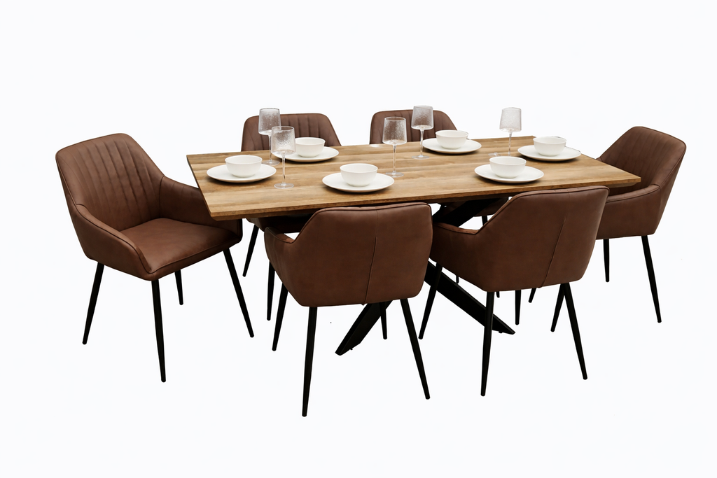 Epsom Rustic Oak 1.6m + 6 EZ Brown PU Chairs