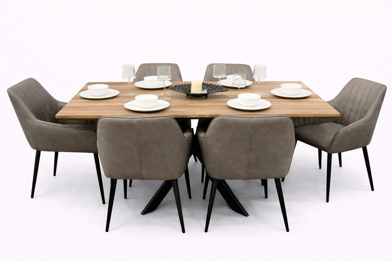 Epsom Rustic Oak 1.6m + 6 EZ Chairs Smoke Grey PU