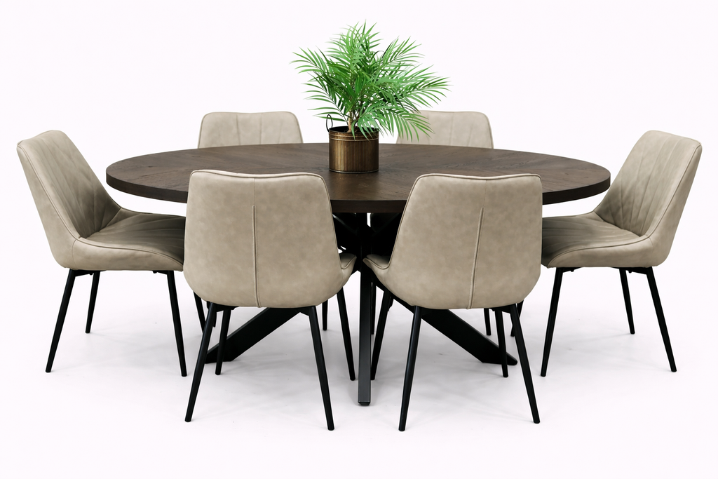 Samara 1.8m Oval Table + 6 Tilly Chairs Taupe PU