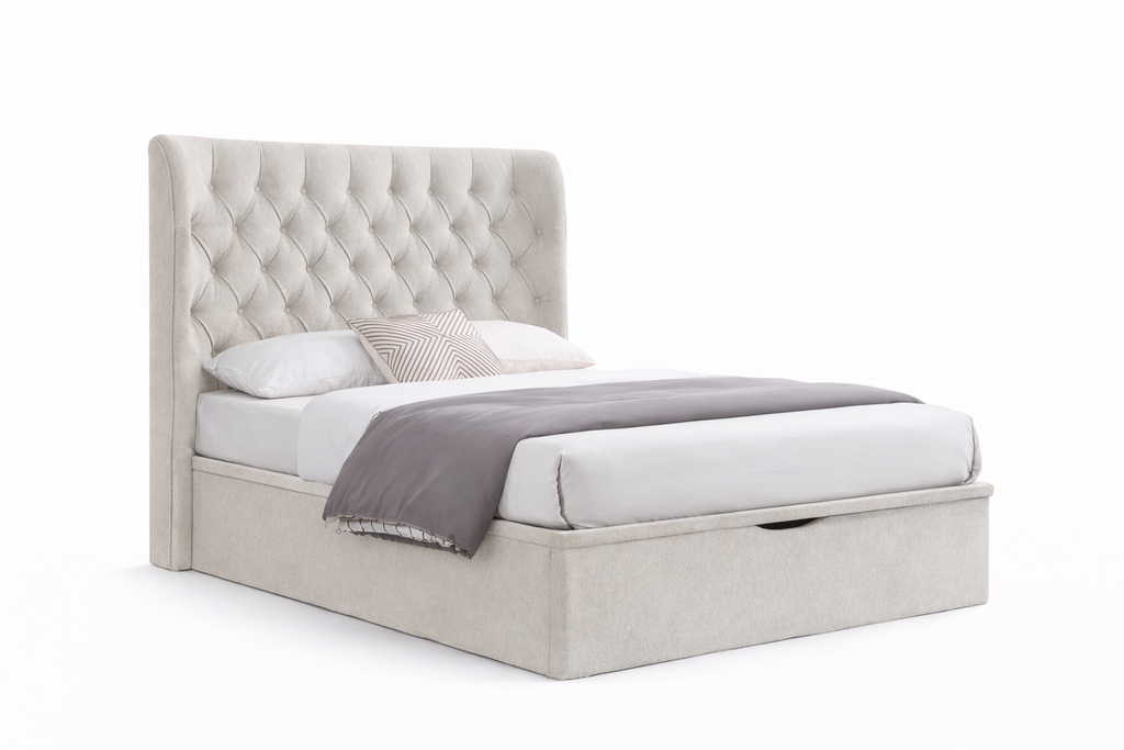 Clara Gas Lift  Double Bed Frame   - Beige Fabric