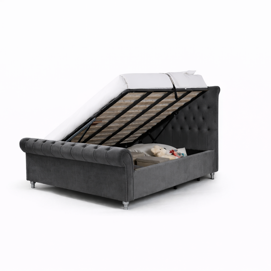 Dione Sleigh Bed Ottoman Grey - King Size