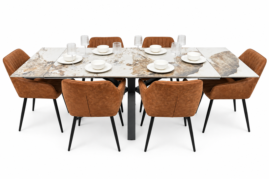 Sorrento Sintered Stone Extending Dining Set + 6 EZ Tan Suede Chairs