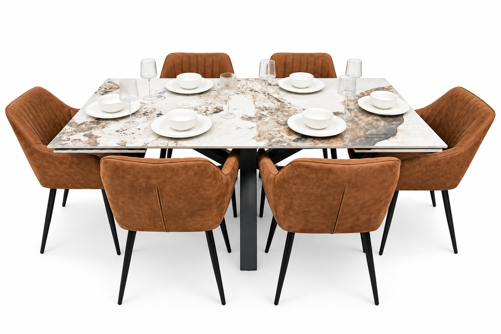 Sorrento Sintered Stone Extending Dining Set + 6 EZ Tan Suede Chairs