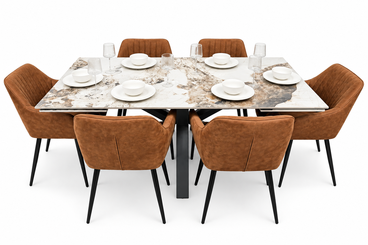 Sorrento Sintered Stone Extending Dining Set + 6 EZ Tan Suede Chairs
