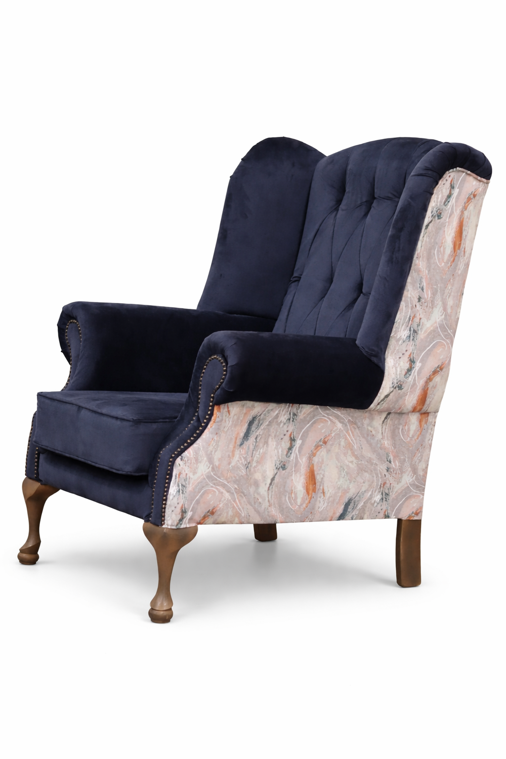 Made To Order Queen Anne Chair - Navy Velvet/Floral Design