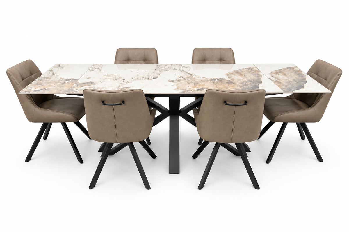 Sorrento Extending Sintered Stone Dining Table & Pedro Dark Taupe Chairs
