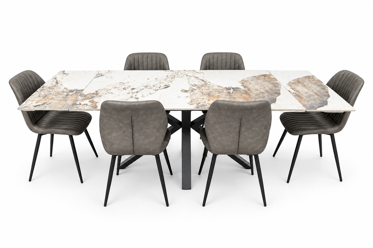 Sorrento Extending Sintered Stone Dining Set + 6 Lyra Grey Chairs