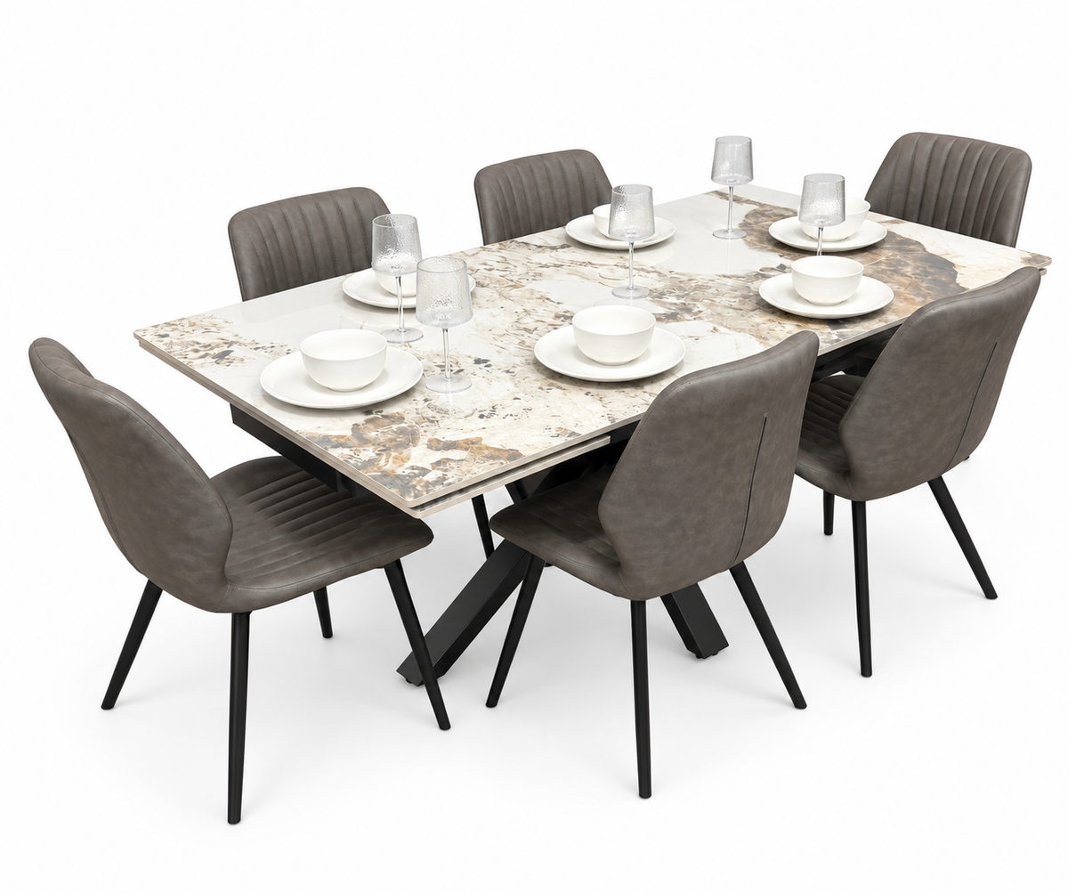 Sorrento Extending Sintered Stone Dining Set + 6 Lyra Grey Chairs