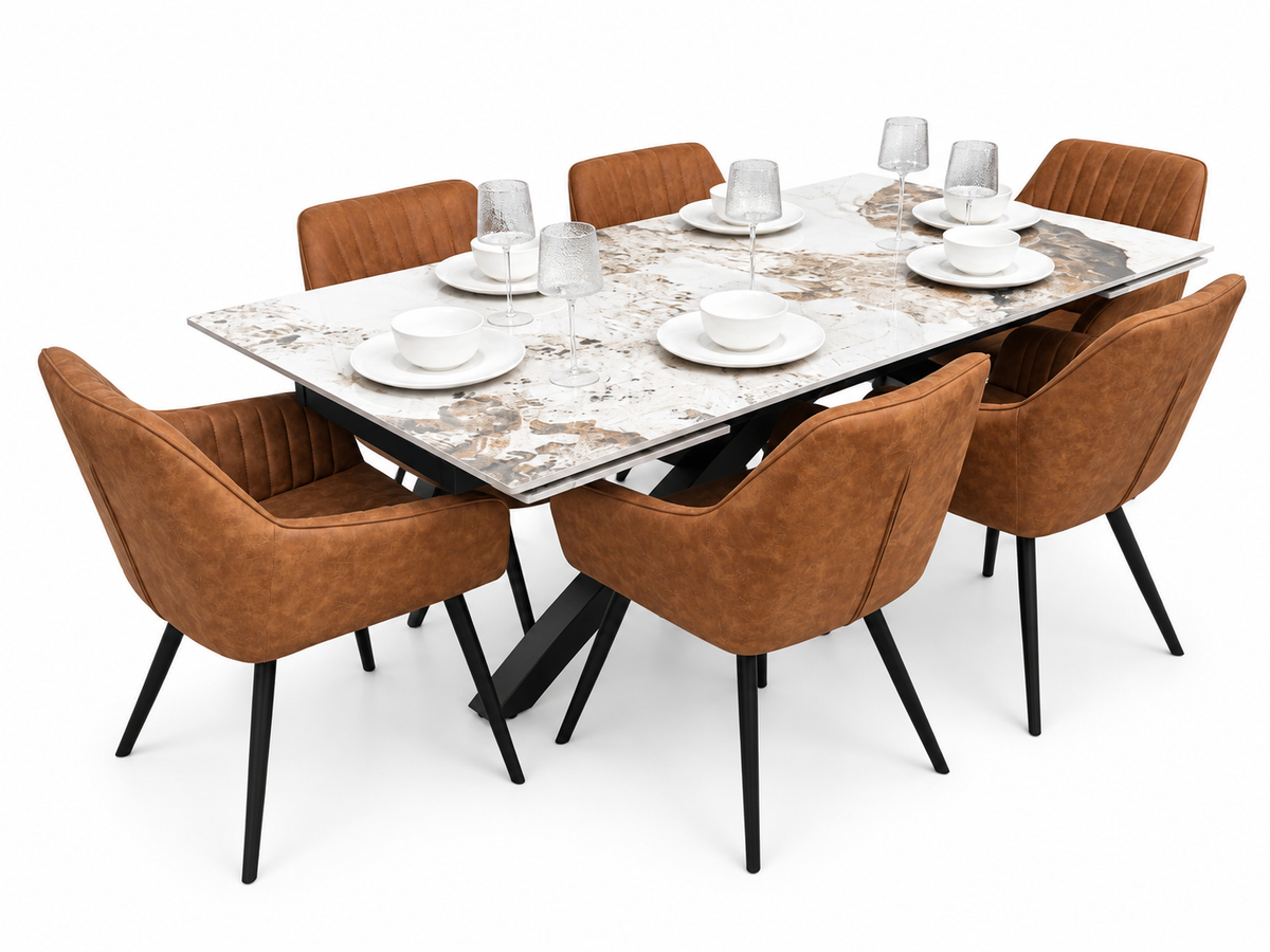 Sorrento Sintered Stone Extending Dining Set + 6 EZ Tan Suede Chairs
