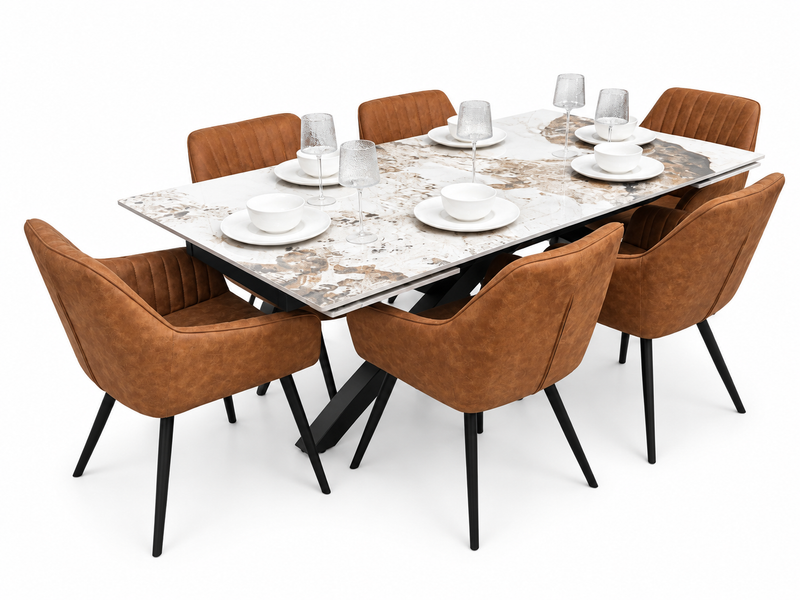 Sorrento Sintered Stone Extending Dining Set + 6 EZ Tan Suede Chairs