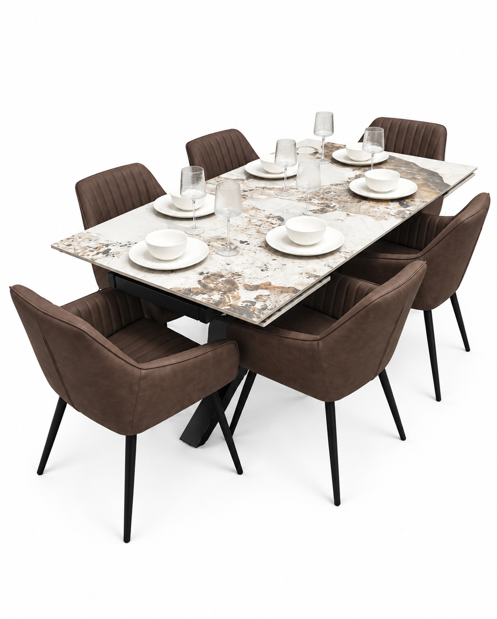 Sorrento Extending Sintered Stone Dining Set + 6 EZ Brown Chairs