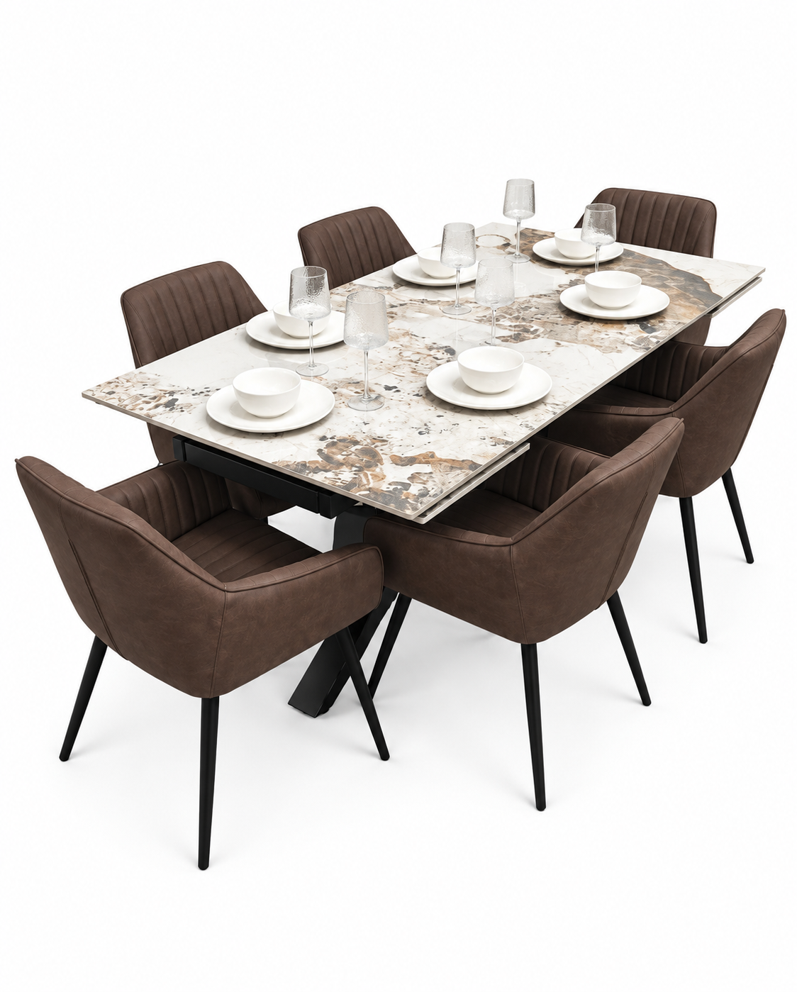 Sorrento Extending Sintered Stone Dining Set + 6 EZ Brown Chairs