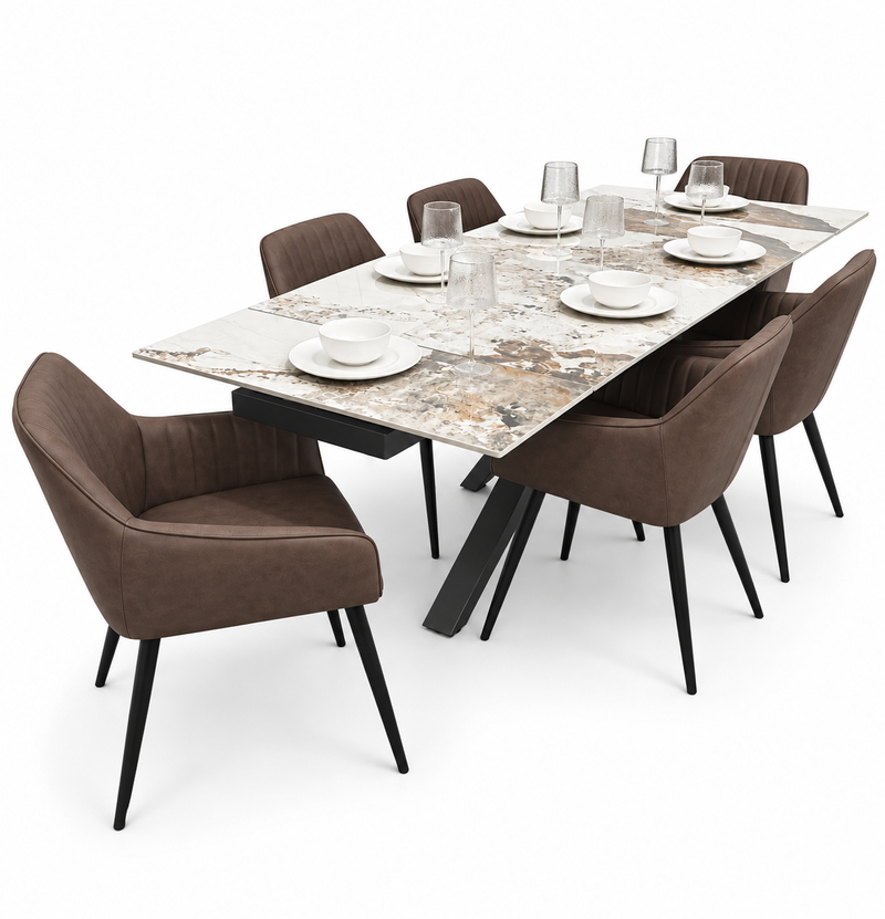 Sorrento Extending Sintered Stone Dining Set + 6 EZ Brown Chairs