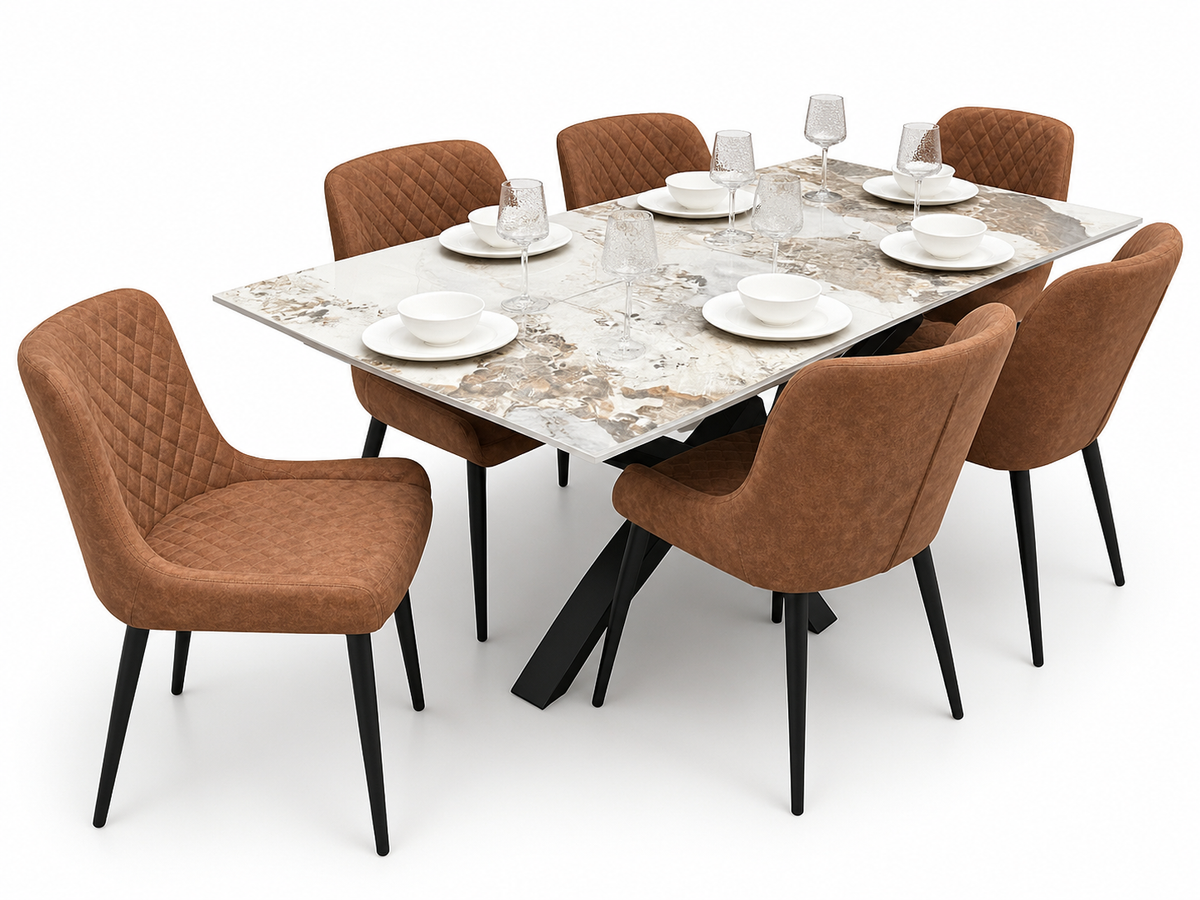 Sorrento Extending Sintered Stone Dining Set + 6 Diamond Tan Suede Chairs