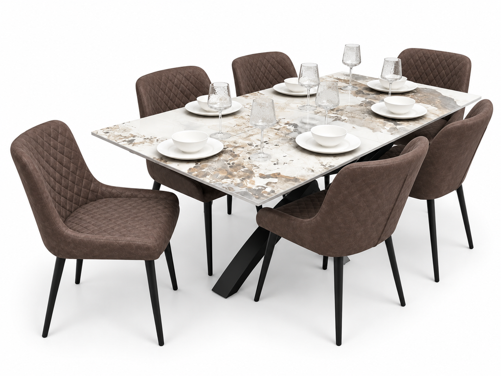 Sorrento Extending Sintered Stone Dining Set + 6 Diamond Brown Chairs