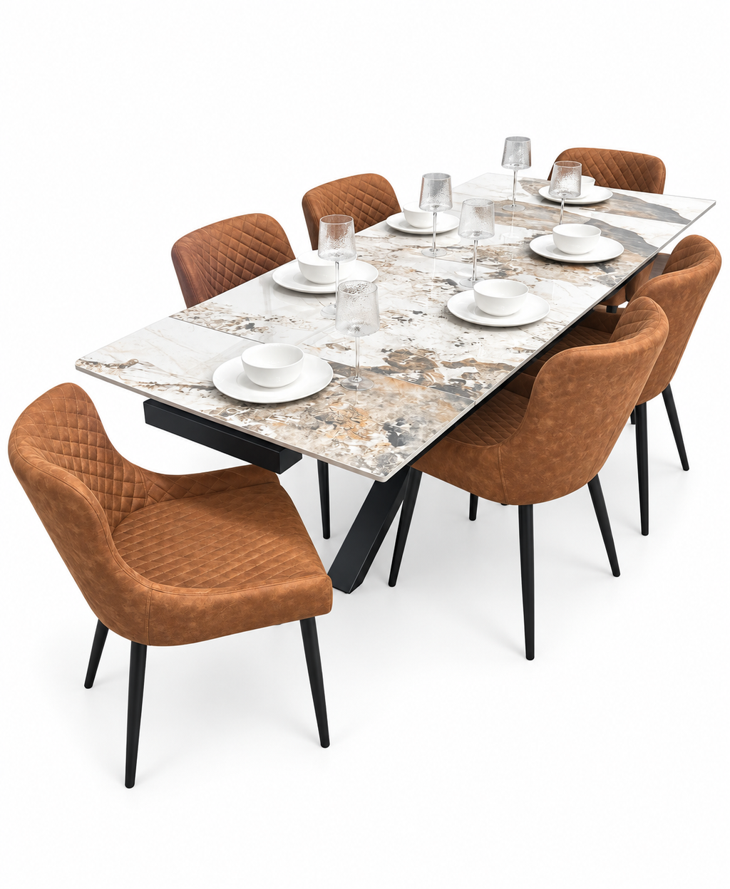 Sorrento Extending Sintered Stone Dining Set + 6 Diamond Tan Suede Chairs
