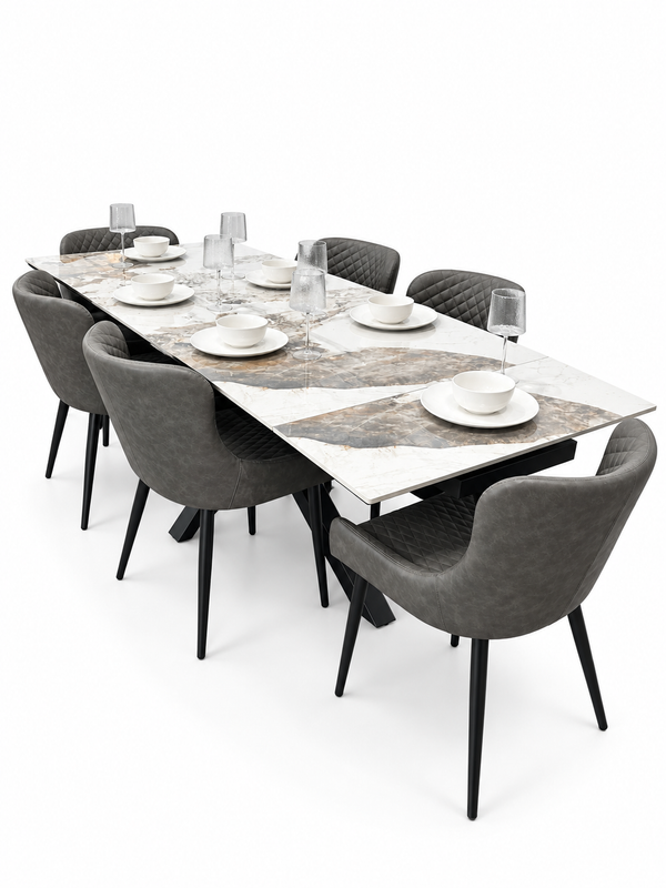 Sorrento Extending Sintered Stone Dining Set + 6 Diamond Grey PU Chairs