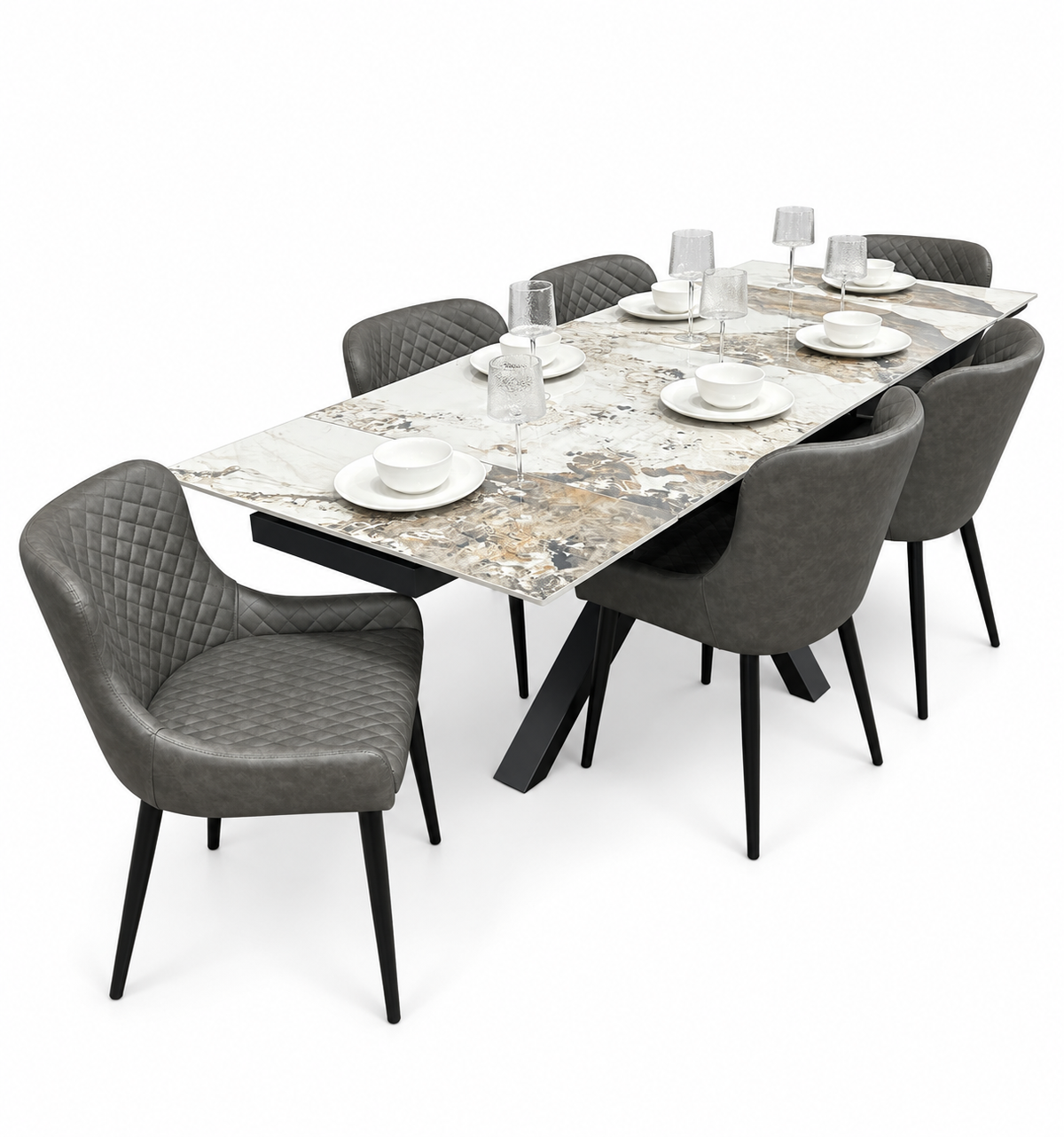 Sorrento Extending Sintered Stone Dining Set + 6 Diamond Grey PU Chairs