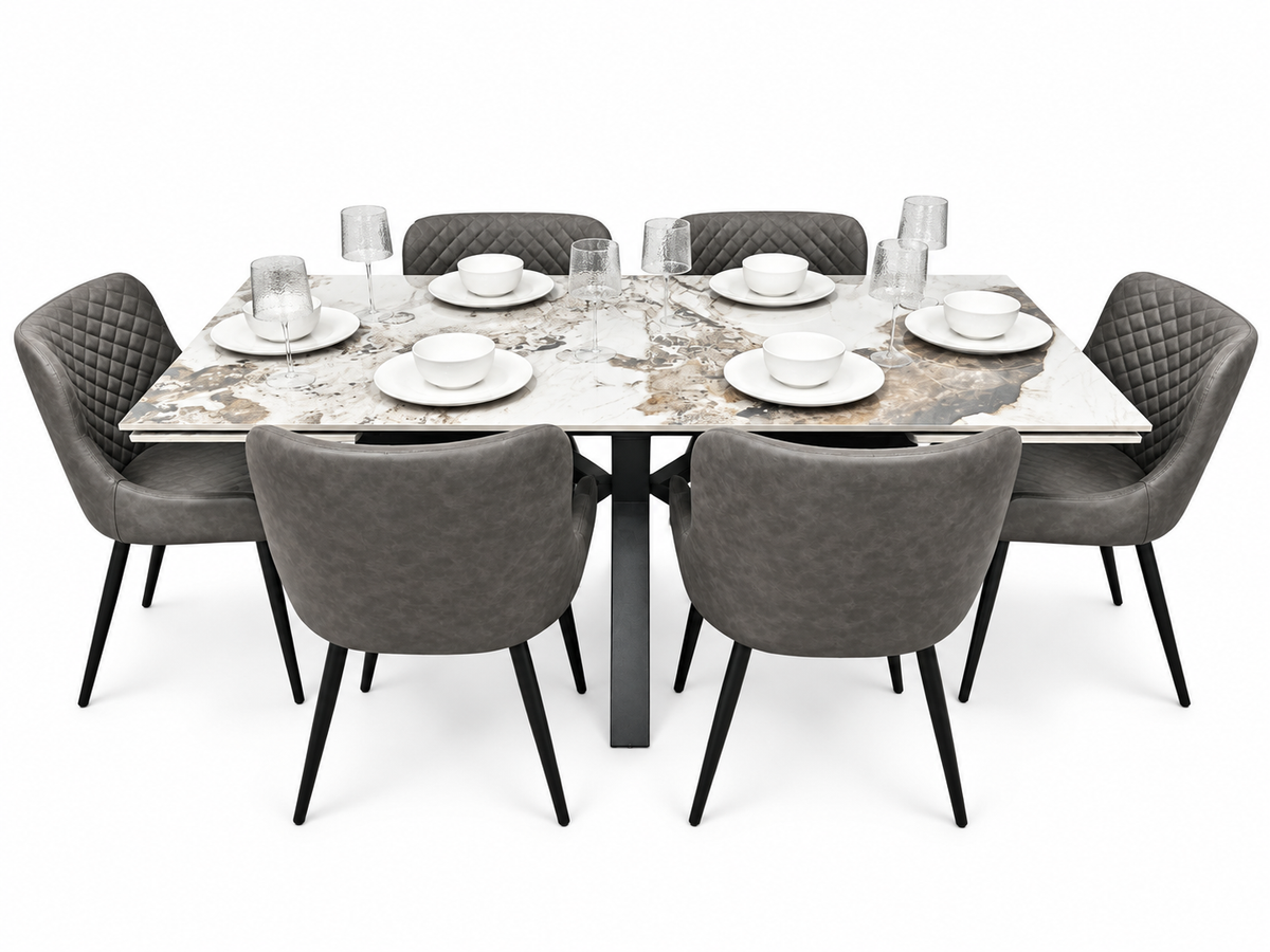Sorrento Extending Sintered Stone Dining Set + 6 Diamond Grey PU Chairs