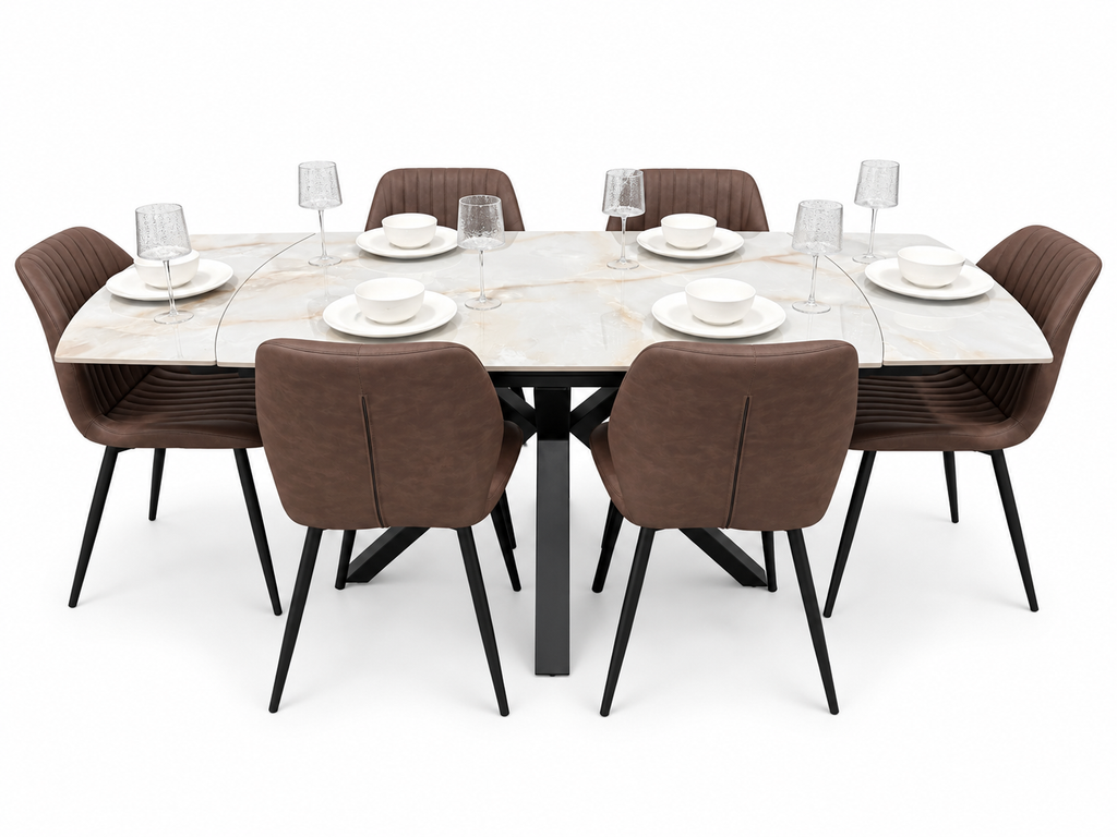 Positano Extending Sintered Stone Dining Table + 6 Lyra Brown PU Chairs