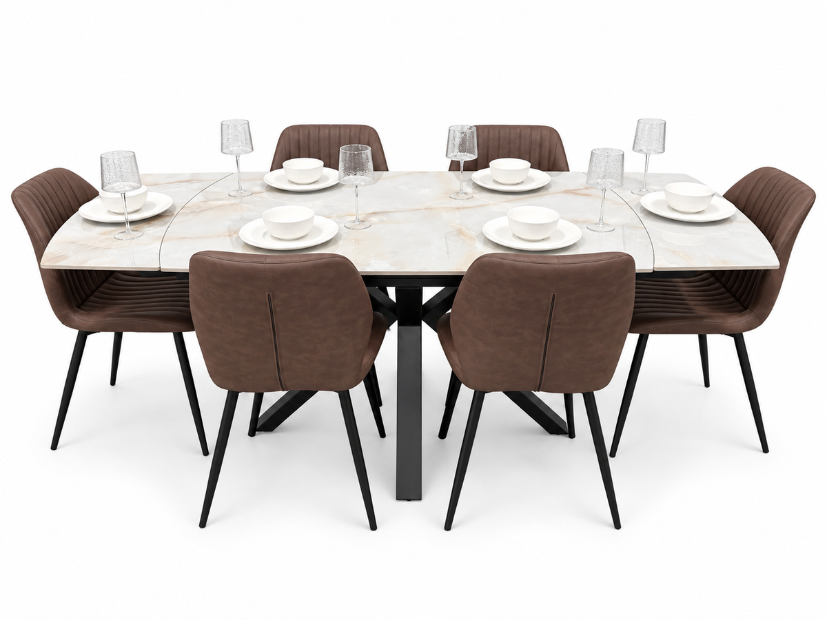 Positano Extending Sintered Stone Dining Table + 6 Lyra Brown PU Chairs