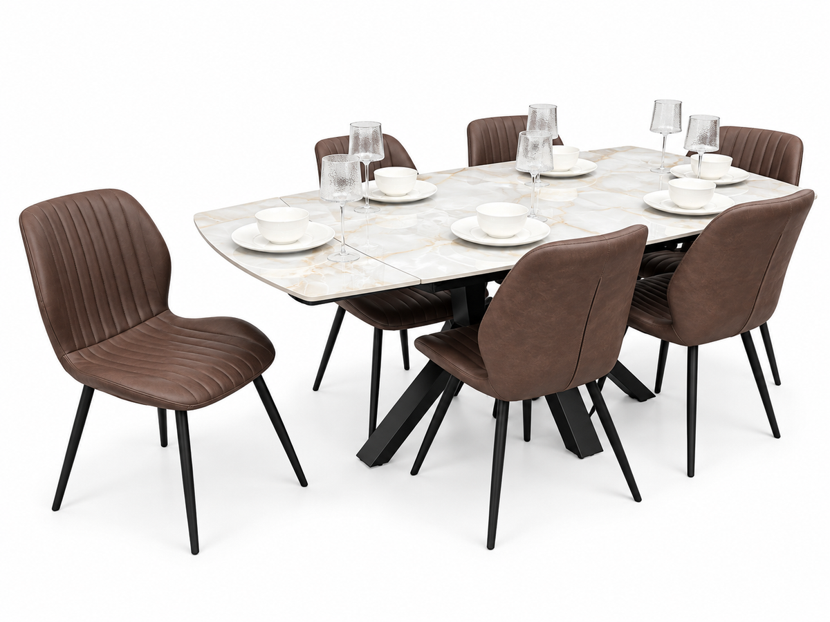 Positano Extending Sintered Stone Dining Table + 6 Lyra Brown PU Chairs