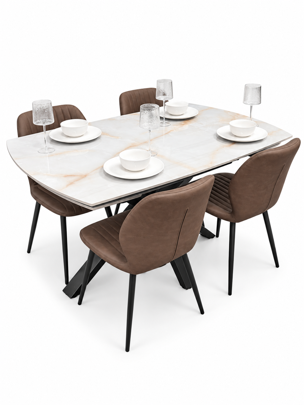 Positano Extending Sintered Stone Dining Table + 6 Lyra Brown PU Chairs