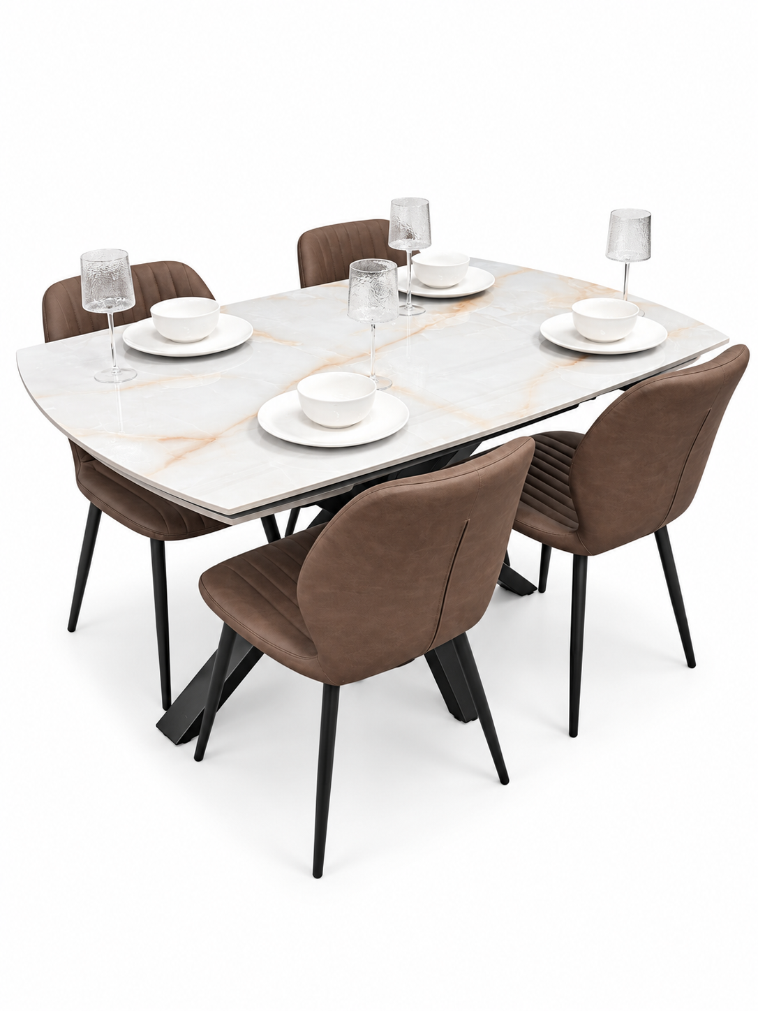 Positano Extending Sintered Stone Dining Table + 6 Lyra Brown PU Chairs