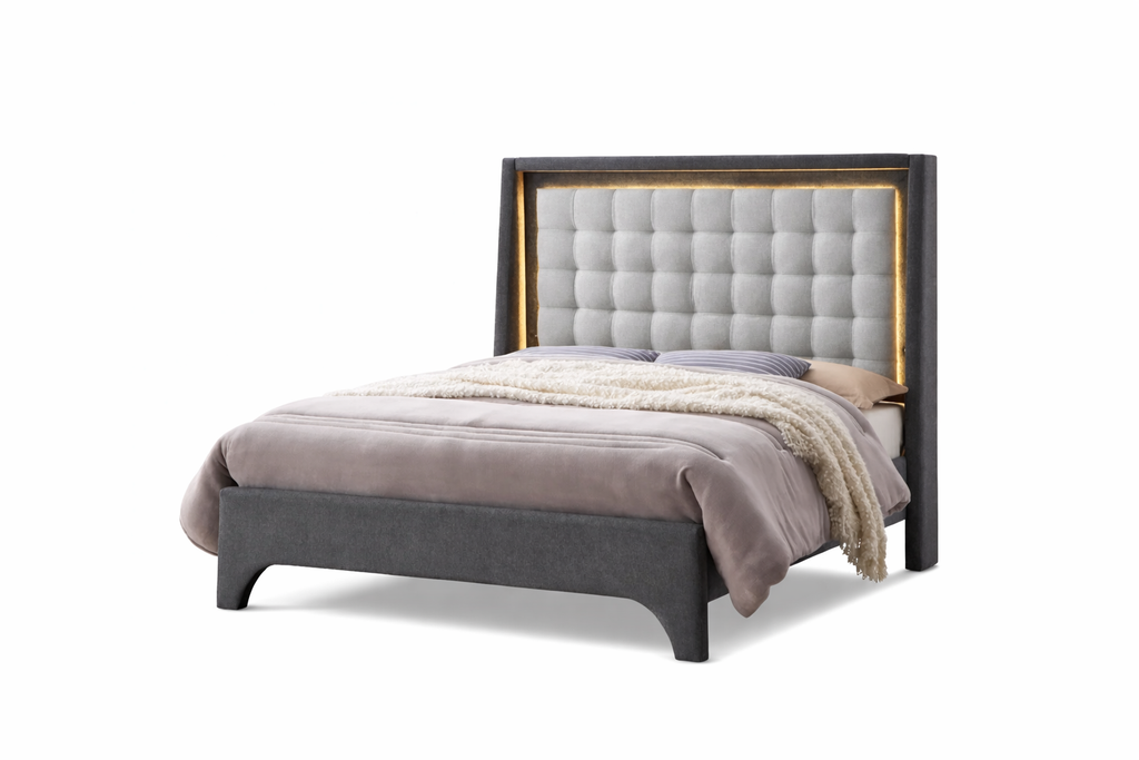 Lucy   Bed Double - Two Tone Grey Fabric