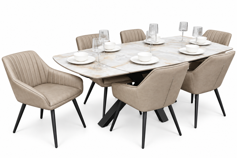 Positano Extending Sintered Stone Dining Set + 6 EZ Taupe PU Chairs