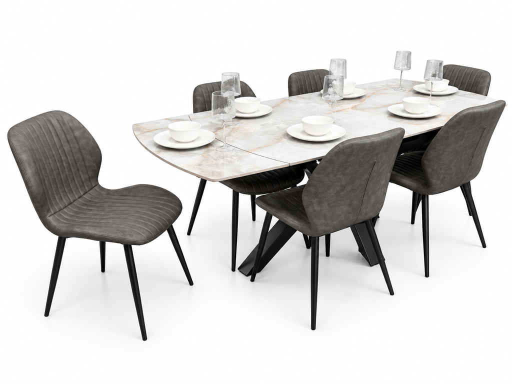 Positano Extending Sintered Stone Dining Set + 6 Lyra Grey PU Chairs