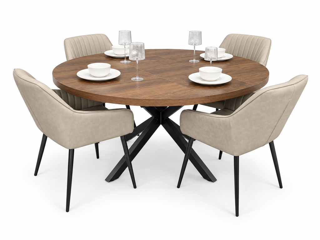 Pan 1.2m–1.6m Extending Dining Table with EZ Taupe PU Chairs
