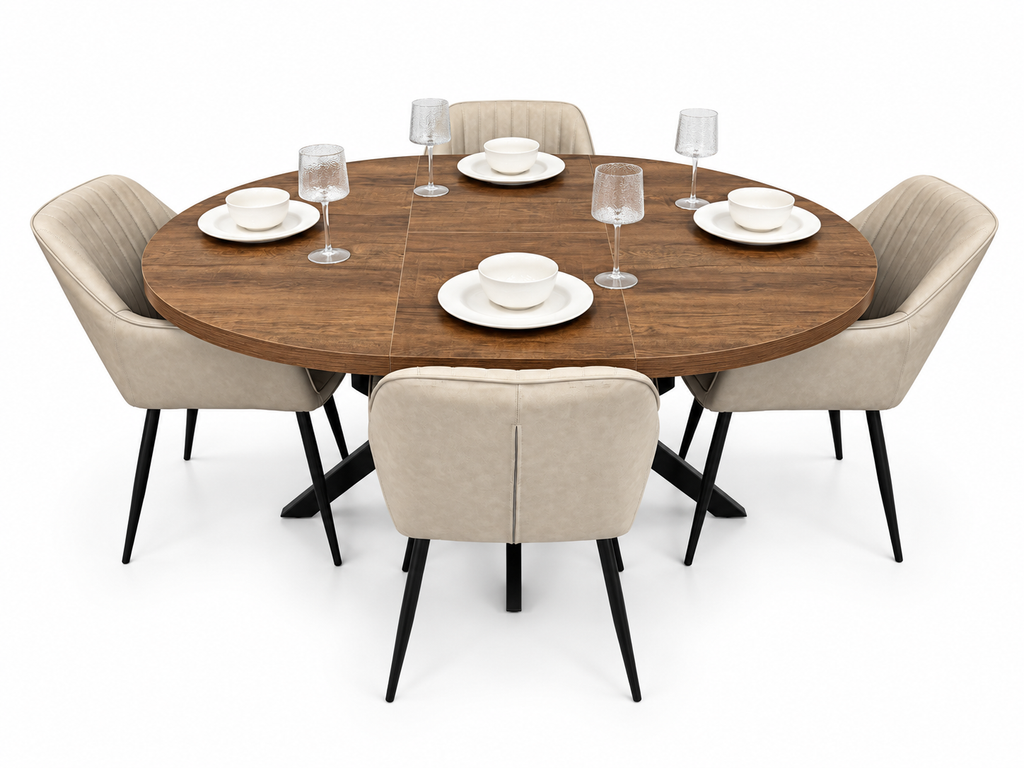 Pan 1.2m–1.6m Extending Dining Table with EZ Taupe PU Chairs