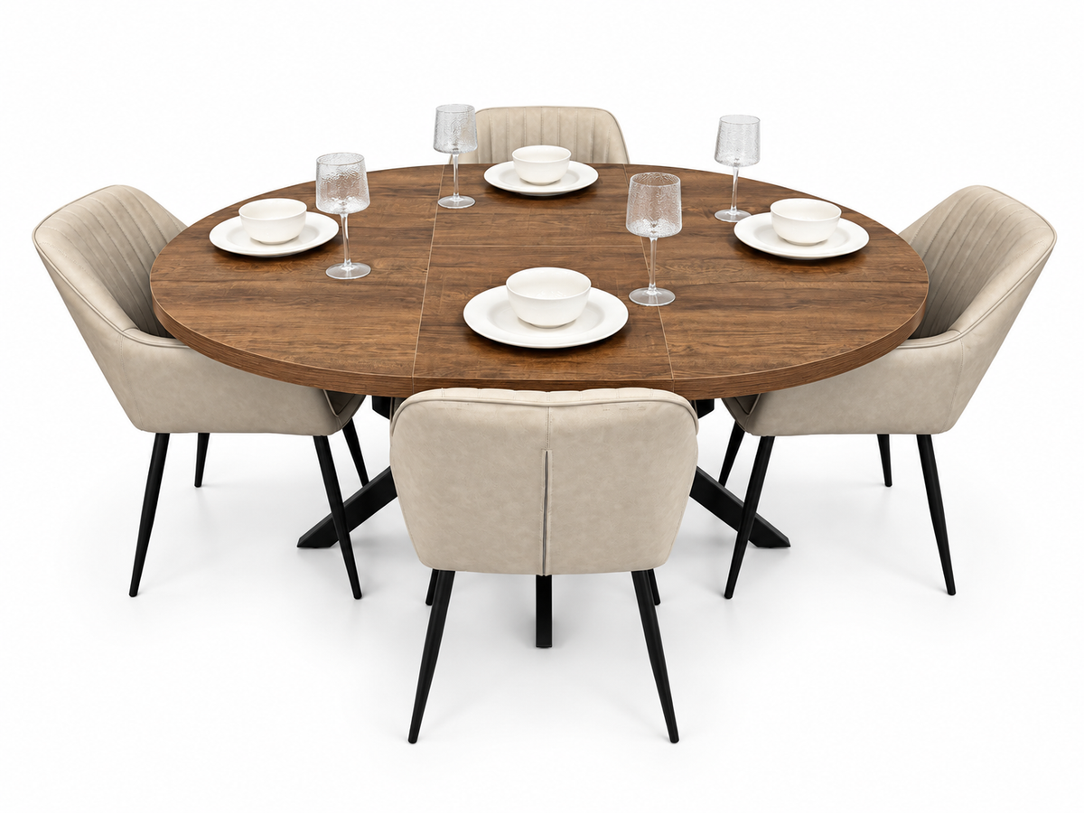 Pan 1.2m–1.6m Extending Dining Table with EZ Taupe PU Chairs