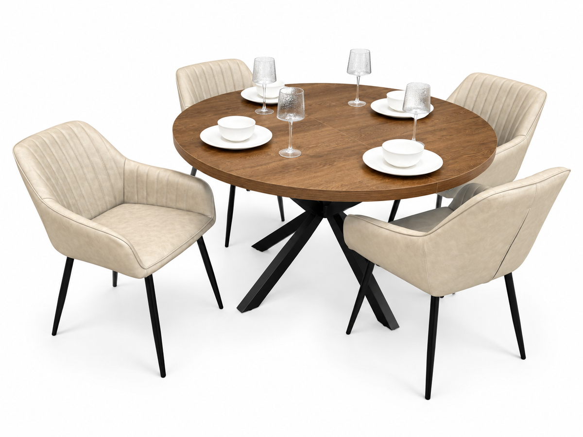 Pan 1.2m–1.6m Extending Dining Table with EZ Taupe PU Chairs