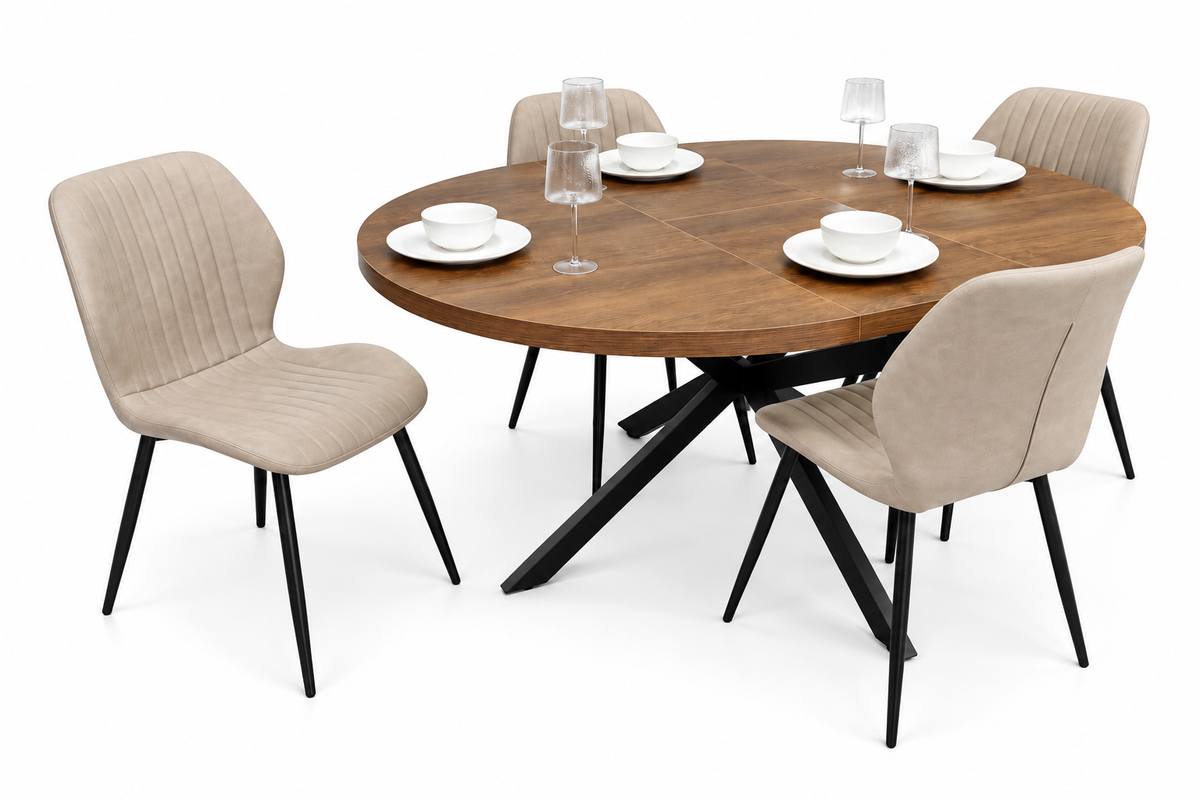 Pan 1.2m–1.6m Extending Dining Table with Lyra Taupe PU Chairs