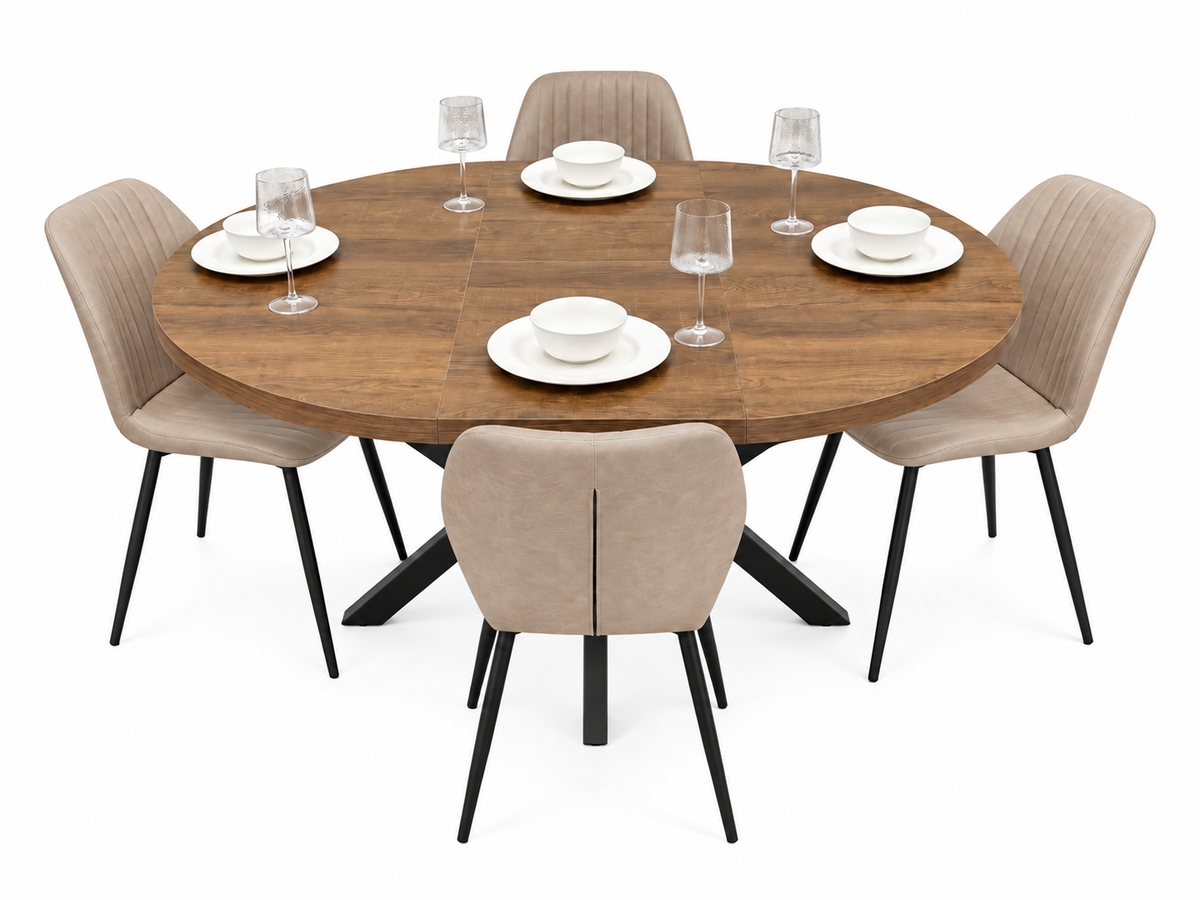 Pan 1.2m–1.6m Extending Dining Table with Lyra Taupe PU Chairs