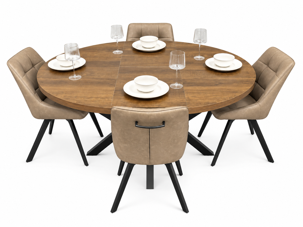 Pan 1.2m–1.6m Extending Dining Table with Pedro Dark Taupe PU Chairs