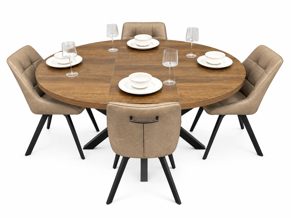 Pan 1.2m–1.6m Extending Dining Table with Pedro Dark Taupe PU Chairs