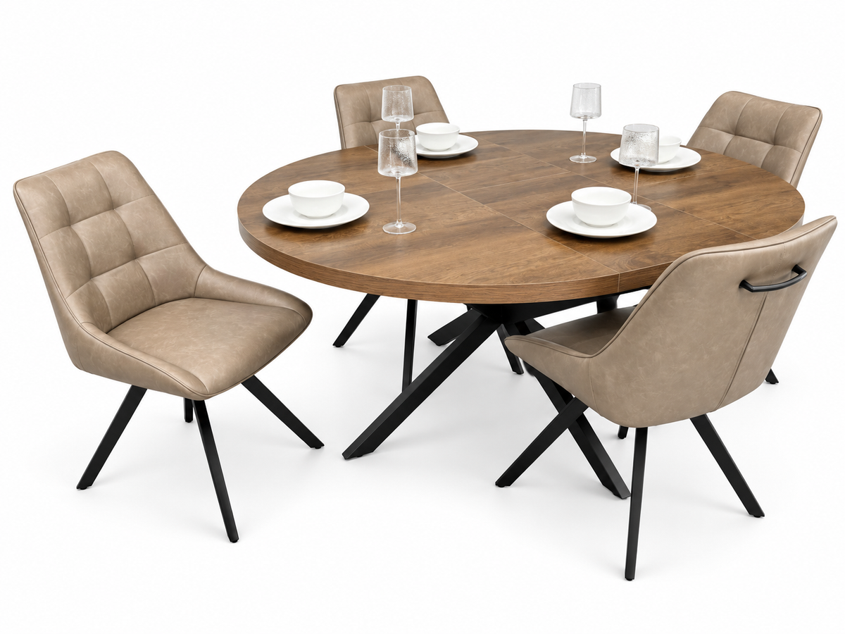 Pan 1.2m–1.6m Extending Dining Table with Pedro Dark Taupe PU Chairs