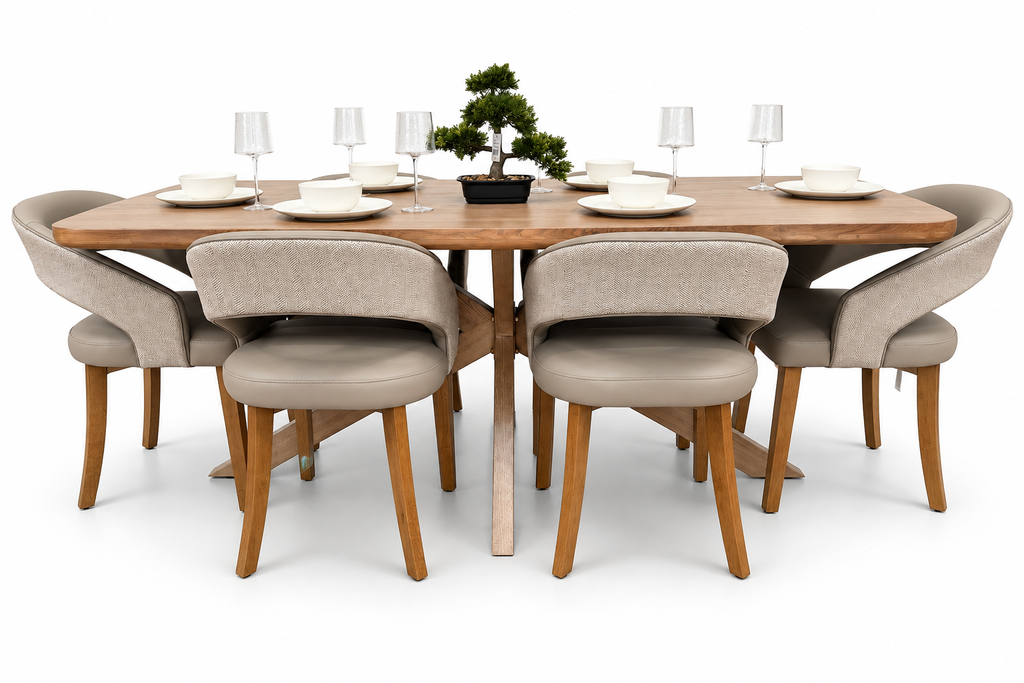 Ashley 2.1m Solid Oak Dining Set with 6 Willow Taupe Chairs