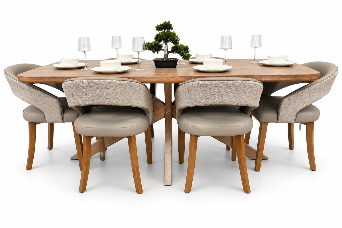 Ashley 2.1m Solid Oak Dining Set with 6 Willow Taupe Chairs