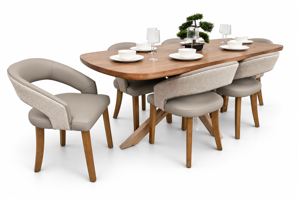Ashley 2.1m Solid Oak Dining Set with 6 Willow Taupe Chairs