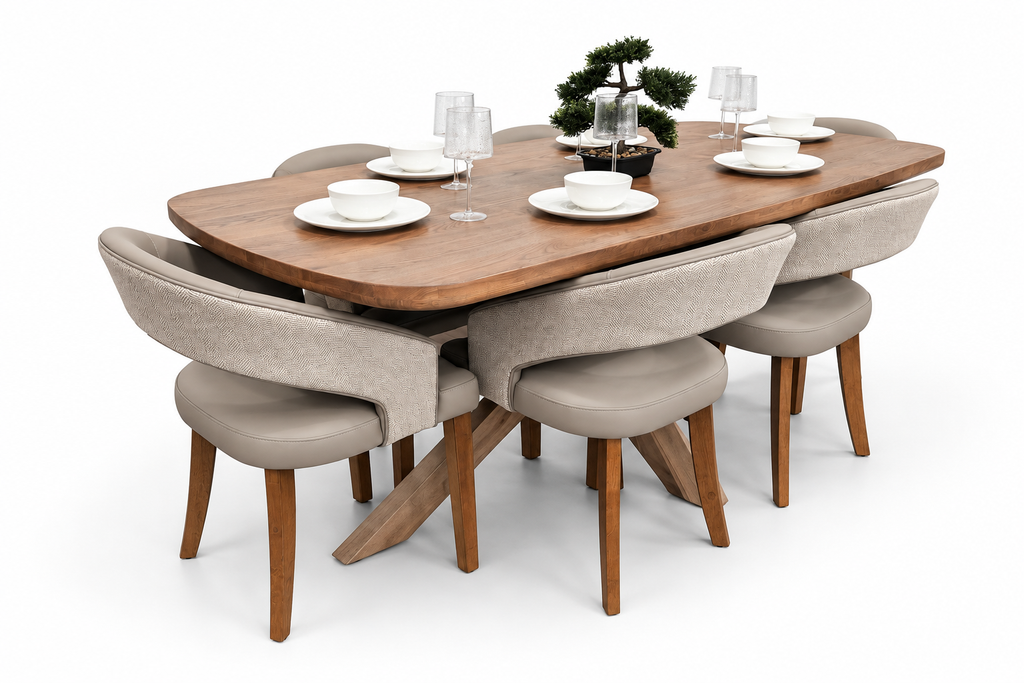 Ashley 2.1m Solid Oak Dining Set with 6 Willow Taupe Chairs