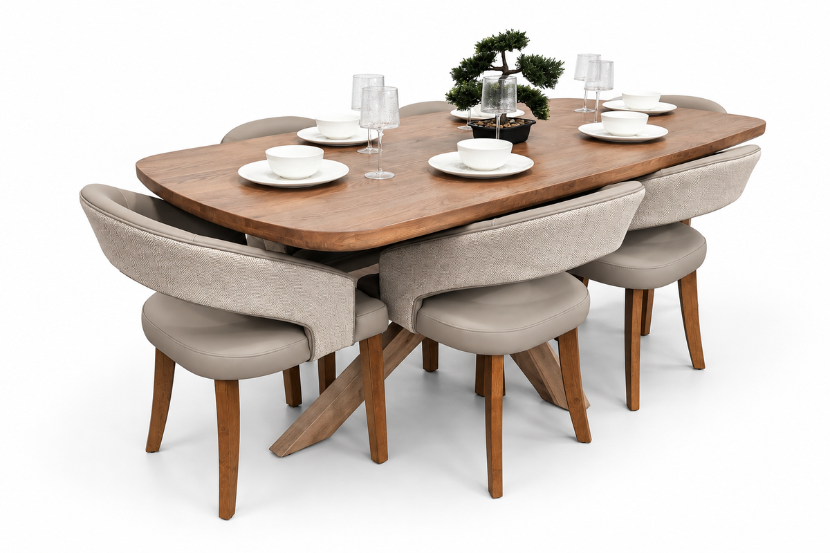 Ashley 2.1m Solid Oak Dining Set with 6 Willow Taupe Chairs