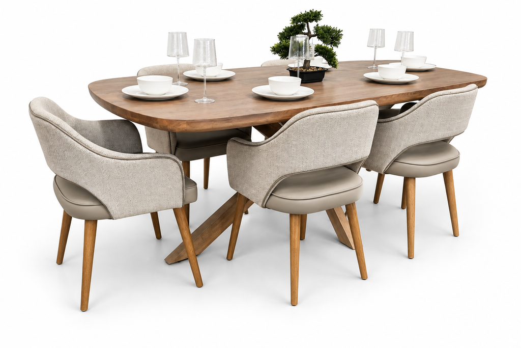 Ashley 2.1m Solid Oak Dining Set with 6 Pisa Taupe Chairs