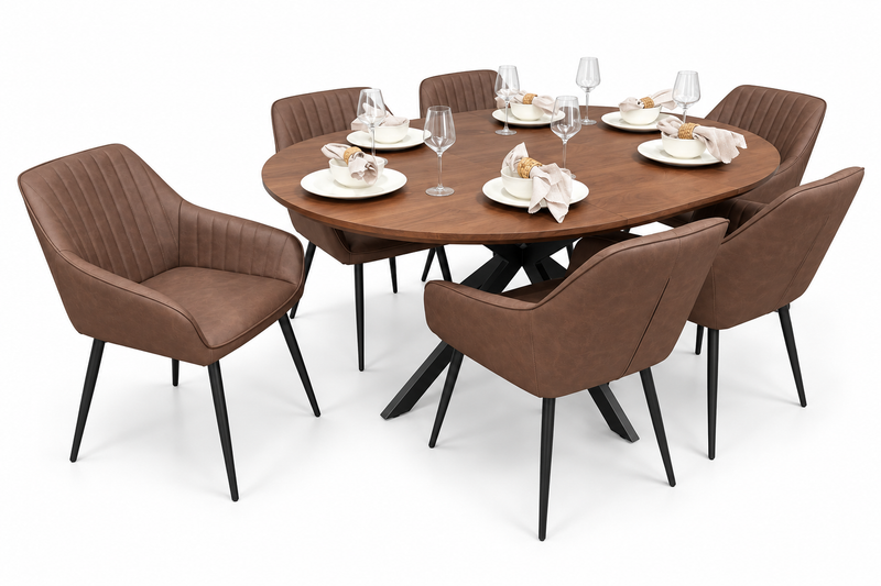 New York dark oak round extending dining table with 4 EZ brown PU chairs