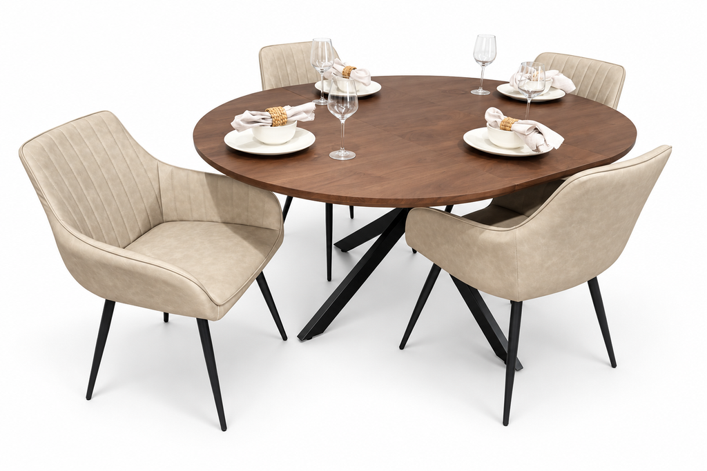 New York dark oak round extending dining table with 4 EZ taupe PU chairs