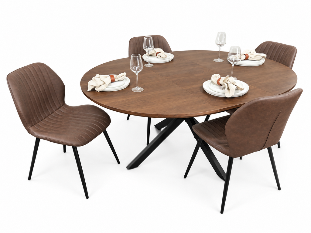 New York dark oak round extending dining table with 4 Lyra brown PU chairs